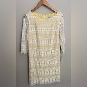 Jessica Howard Women’s Yellow & White Lace Overlay 3/4 Sleeve Sheath Dress Sz 14